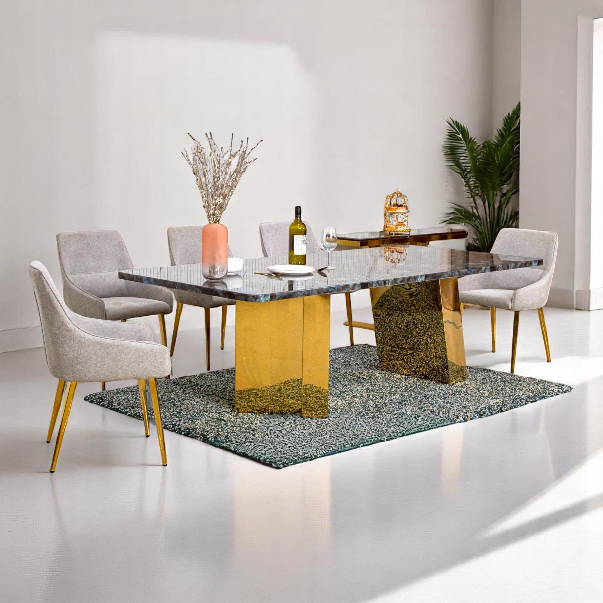 โต๊ะอาหารหินอ่อน 2.4 ม. รุ่น โรส Rose สีทอง 6 ที่นั่ง สแตนเลส 304