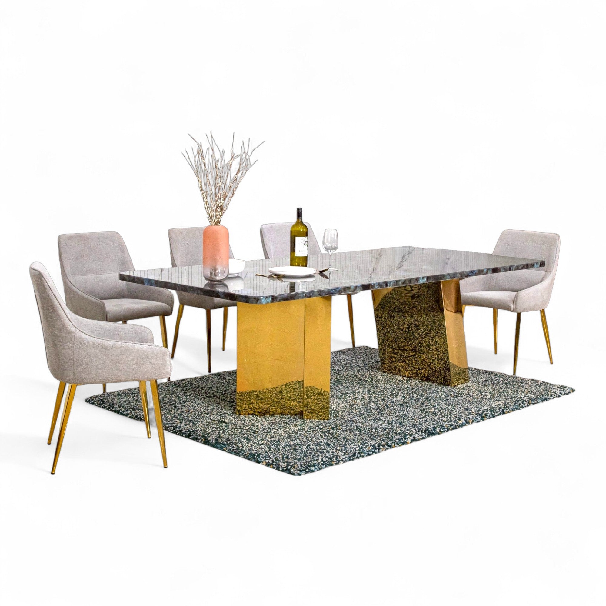 โต๊ะอาหารหินอ่อน 2.4 ม. รุ่น โรส Rose สีทอง 6 ที่นั่ง สแตนเลส 304