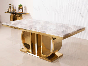 โต๊ะอาหารท็อปหินอ่อน ขนาด 2 เมตร โครงขาสีทอง รุ่น แซลลี่ SALLY พร้อมเก้าอี้ เดลซี่สีเทา ขาทอง