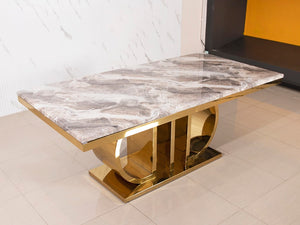 โต๊ะอาหารท็อปหินอ่อน ขนาด 2 เมตร โครงขาสีทอง รุ่น แซลลี่ SALLY พร้อมเก้าอี้ เดลซี่สีเทา ขาทอง