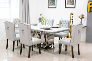 โต๊ะอาหารท็อปหินอ่อน ขนาด 2 เมตร โครงขาสีเงิน รุ่น แซลลี่ SALLY พร้อมเก้าอี้ ซีเรีย SYRIA สีเทาขาไม้ ดึงกระดุม สวยๆ