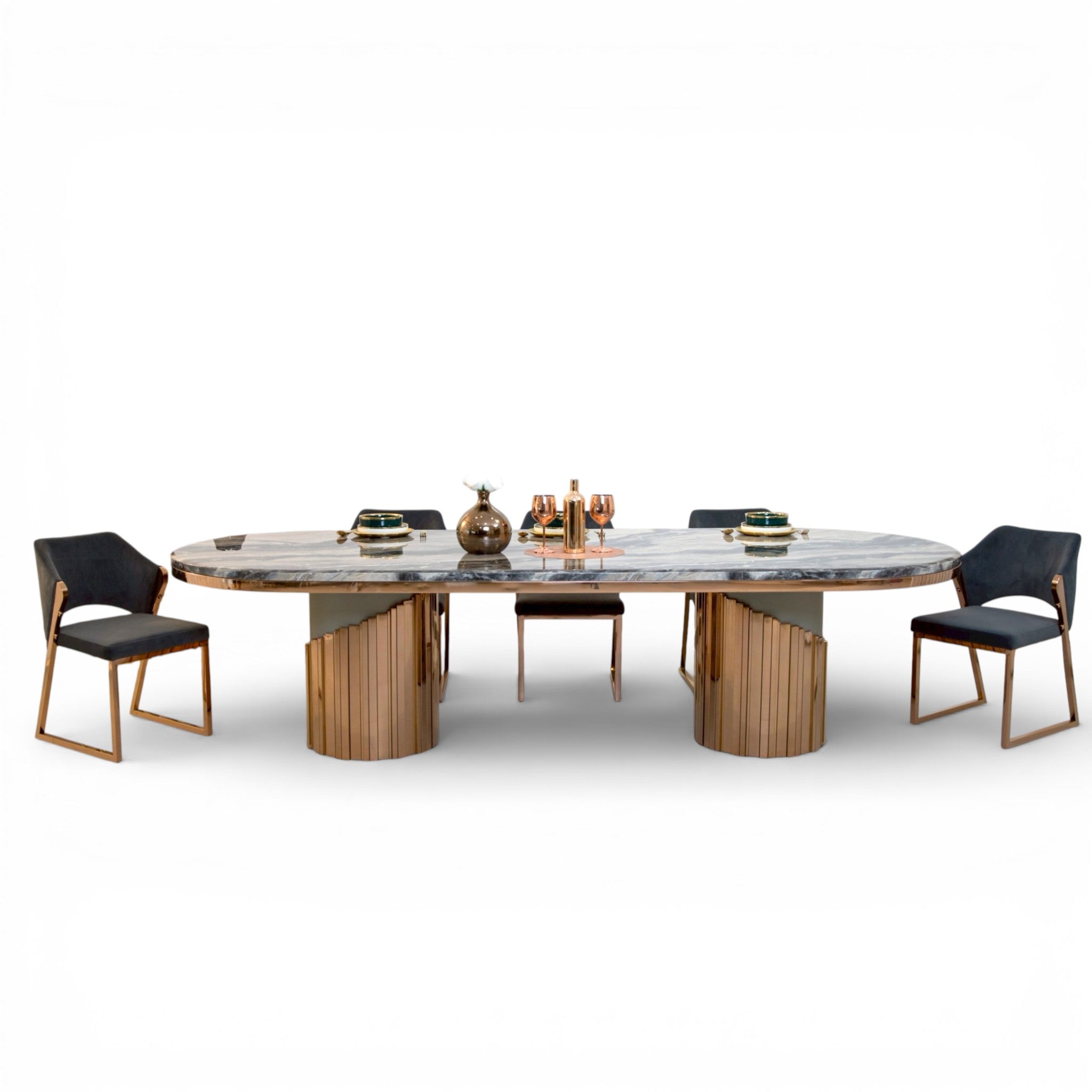 โต๊ะอาหารหินอ่อน 3 ม. ทรงวงรี รุ่น คาลิซี KHALEESI สีโรสโกล์ด 10 ที่นั่ง