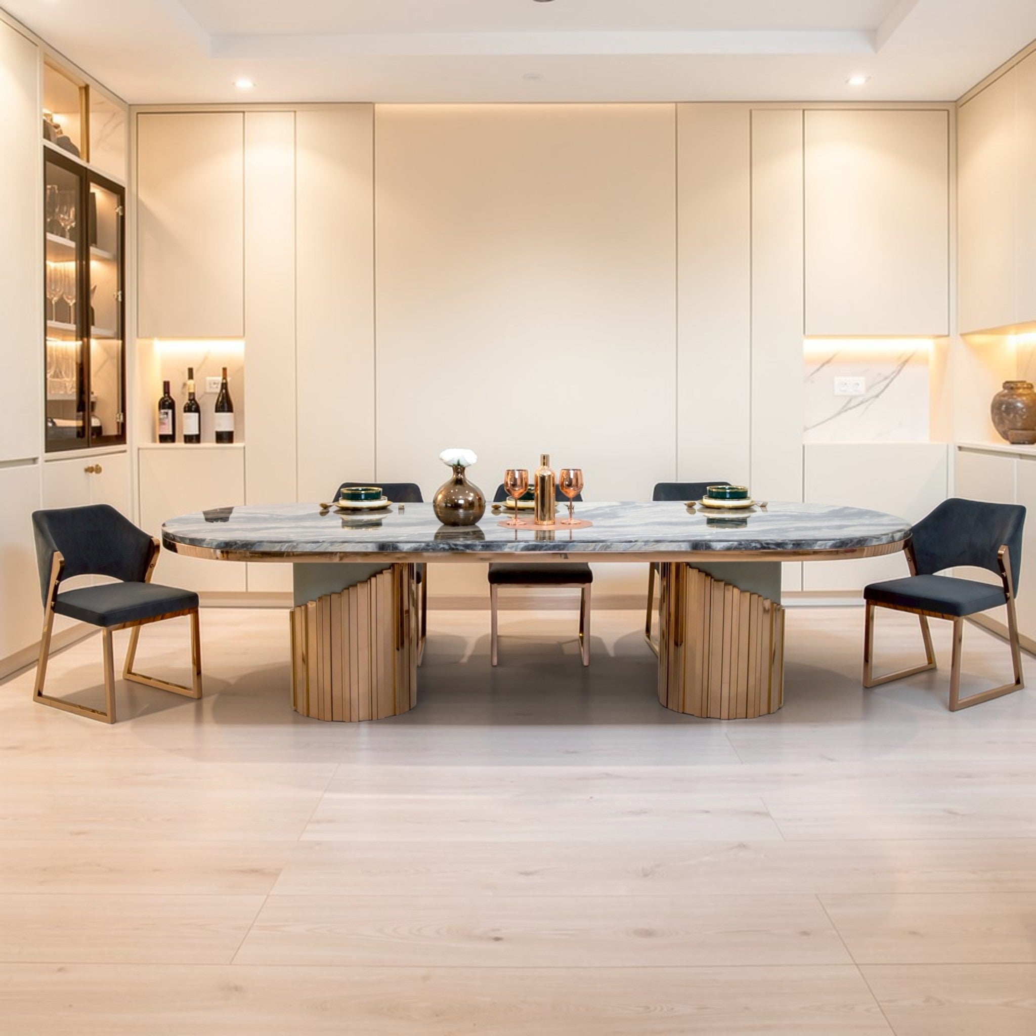 โต๊ะอาหารหินอ่อน 3 ม. ทรงวงรี รุ่น คาลิซี KHALEESI สีโรสโกล์ด 10 ที่นั่ง