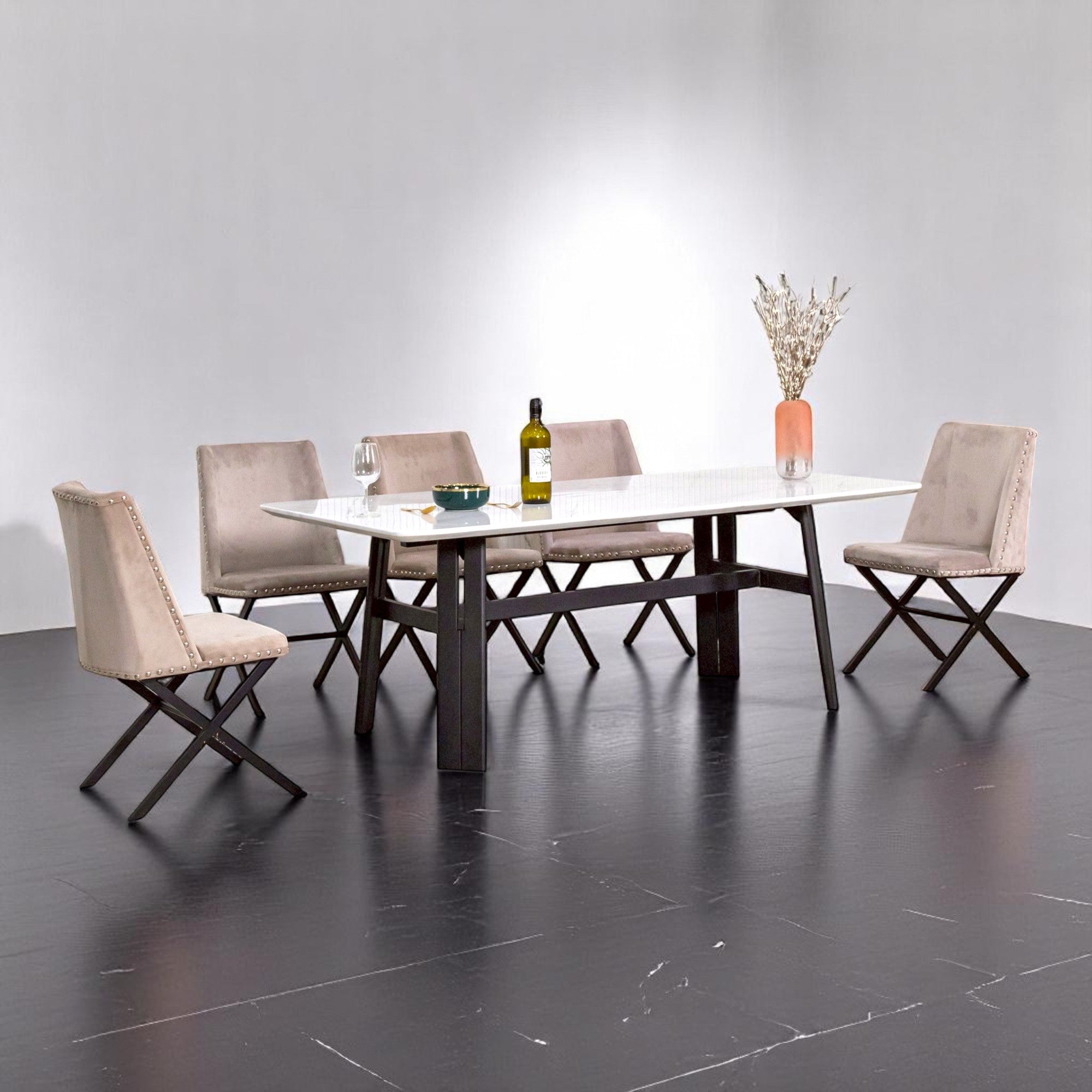 โต๊ะอาหารหินอ่อน 2.0 ม. รุ่น ทีออน THEON ขาสีดำ 6 ที่นั่ง