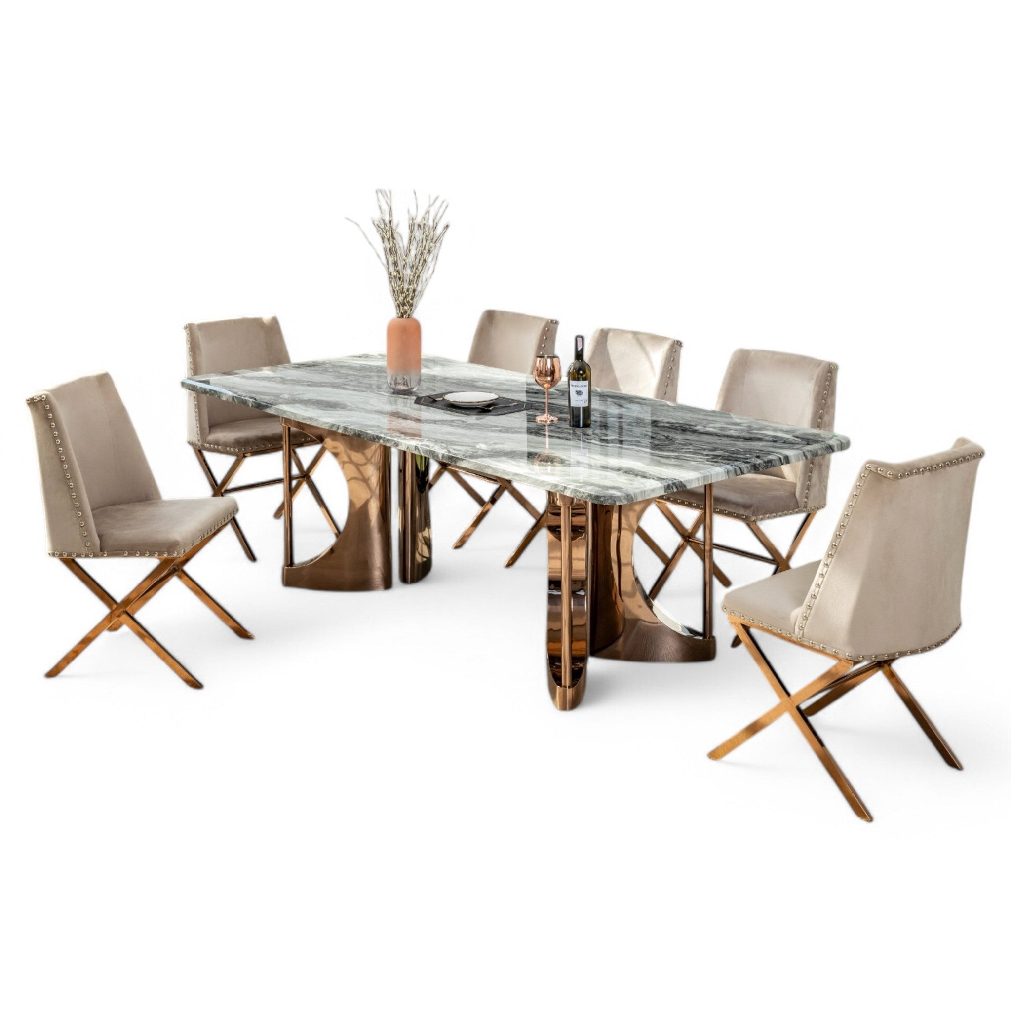 โต๊ะอาหารหินอ่อน 2.4 ม. รุ่น อาเชอร์ 𝗔𝗥𝗖𝗛𝗢𝗥 (8 ที่นั่ง)สีโรสโกล์ด