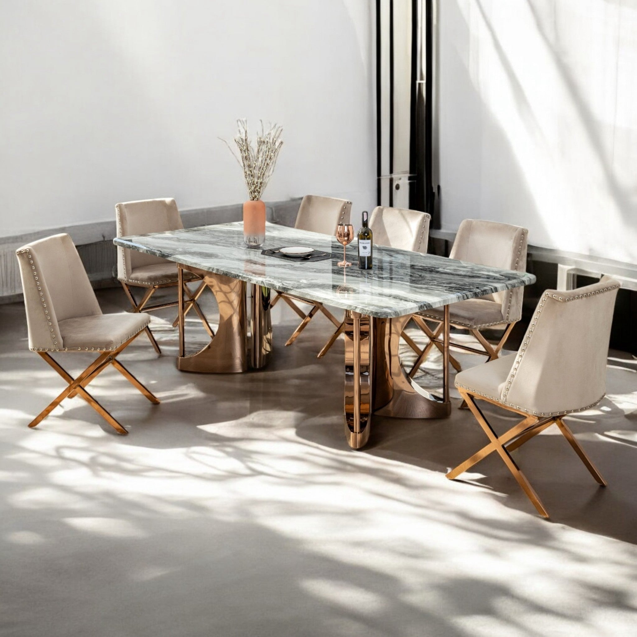 โต๊ะอาหารหินอ่อน 2.4 ม. รุ่น อาเชอร์ 𝗔𝗥𝗖𝗛𝗢𝗥 (8 ที่นั่ง)สีโรสโกล์ด