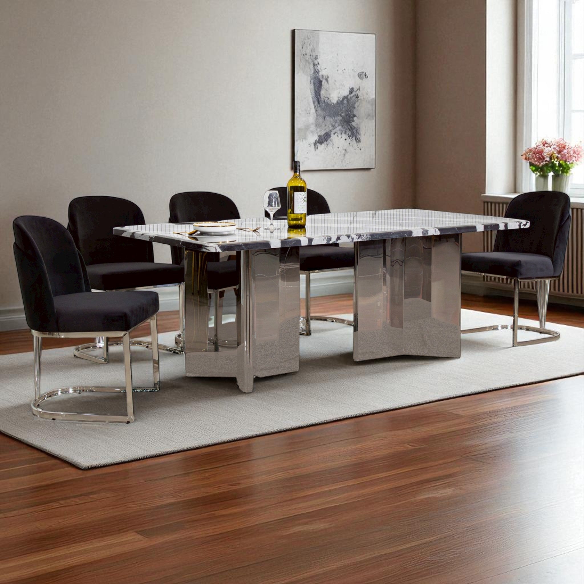 โต๊ะอาหารหิน 2.0 ม. รุ่น เพนนี PENNY ขาสแตนเลสเทาไทเทเนียม