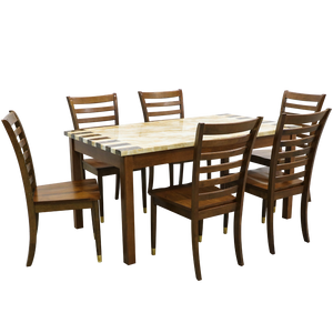 [พร้อมส่ง] ชุดโต๊ะทานอาหาร ชุดโต๊ะกินข้าว ท็อปหินอ่อน โครงไม้จริงทั้งชุด พร้อมเก้าอี้ 6 ที่นั่ง รุ่น คาสิโอ+แฟนซี