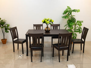 [พร้อมส่ง] ชุดโต๊ะกินข้าวไม้จริงทั้งชุด ขนาด 6 ที่นั่ง เก้าอี้หุ้มเบาะหนัง PU สีดำ