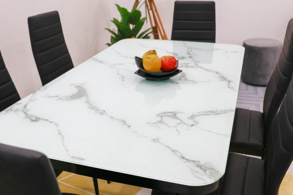 โต๊ะอาหารท็อปกระจกลายหินอ่อน 1.4 ม. รุ่น สปริน SPIN