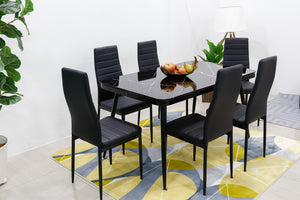 [พร้อมส่ง] ชุดโต๊ะกินข้าวพร้อมเก้าอี้ 6 ตัว ท็อปลายหินอ่อน สีดำ/สีขาว รุ่น SPIN
